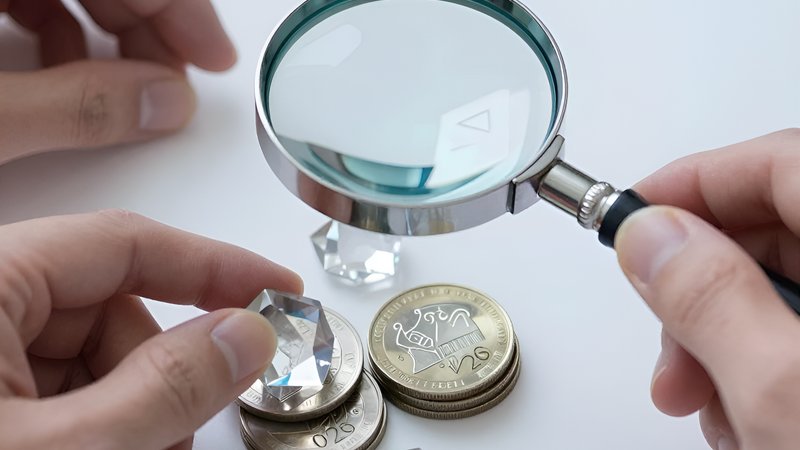 Руки с увеличительным стеклом изучают стеклянные монеты для анализа комиссий обслуживание счетов Сетелем 2026